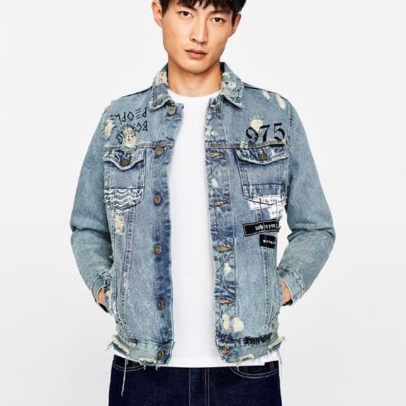 ZARA MAN DISTRESSED VINTAGE GRAFFITI DENIM JEAN JACKET SIZE XL BLUE